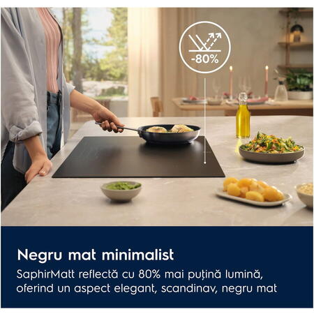 Plita incorporabila Electrolux EIS82453IZ, Inductie, 4 zone de gatit, Sense Boil, Control touch prin culisare, Conectivitate hota, Booster (4 zone), Timer electronic, Oprire automata, Functie punte, Negru mat (SaphirMatt)